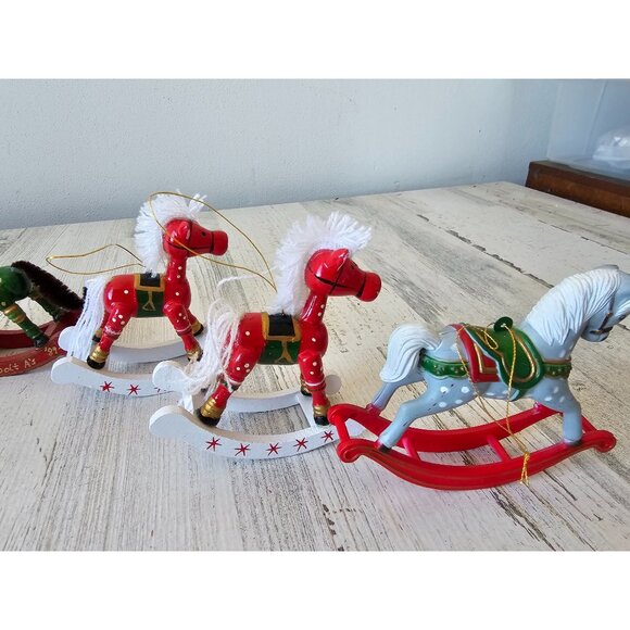 Wooden rocking horses vintage ornament set Xmas tree - Picture 6 of 8